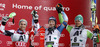 Winner Henrik Kristoffersen of Norway (M), second placed Marcel Hirscher of Austria (L) and third placed Felix Neureuther of Germany (R) celebrate their medals won in The Night race, men slalom race of Audi FIS Alpine skiing World cup in Schladming, Austria. The Night race, men slalom race of Audi FIS Alpine skiing World cup 2013-2014 was held on Tuesday, 28th of January 2014 in Schladming, Austria.
