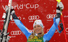 Winner Frida Hansdotter  of Sweden celebrates her first ever World cup victory won in the 50th Golden Fox trophy women slalom race of Audi FIS Alpine skiing World cup in Kranjska Gora, Slovenia. 50th Golden Fox trophy women slalom race of Audi FIS Alpine skiing World cup 2013-2014 was held on Sunday, 2nd of February 2014 in Kranjska Gora, Slovenia
