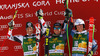Winner Ted Ligety of USA (M), second placed Benjamin Raich of Austria (L) and third placed Henrik Kristoffersen of Norway (R) celebrate their medals won in men giant slalom race of Audi FIS Alpine skiing World cup in Kranjska Gora, Slovenia. 53rd Vitranc cup men giant slalom race of Audi FIS Alpine skiing World cup 2013-2014 was held on Saturday, 8th of March 2014 in Kranjska Gora, Slovenia
