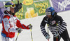 Alexis Pinturault of France and Marcus Sandell of Finland chatting during mens giant slalom race of Audi FIS Alpine skiing World cup in Kranjska Gora, Slovenia. 53rd Vitranc cup men giant slalom race of Audi FIS Alpine skiing World cup 2013-2014 was held on Saturday, 8th of March 2014 in Kranjska Gora, Slovenia
