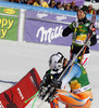 Henrik Kristoffersen of Norway and Benjamin Raich of Austria in finish of the second run of men giant slalom race of Audi FIS Alpine skiing World cup in Kranjska Gora, Slovenia. 53rd Vitranc cup men giant slalom race of Audi FIS Alpine skiing World cup 2013-2014 was held on Saturday, 8th of March 2014 in Kranjska Gora, Slovenia
