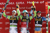 Winner Felix Neureuther of Germany (middle), second placed Fritz Dopfer of Germany (left) and third placed Henrik Kristoffersen of Norway (right) at the flower ceremony of the men slalom race of Audi FIS Alpine skiing World cup in Kranjska Gora, Slovenia. The 53rd Vitranc cup men slalom race of Audi FIS Alpine skiing World cup 2013-2014 was held on Sunday, 9th of March 2014 on Podkoren course in Kranjska Gora, Slovenia
