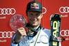 Aksel Lund Svindal with overall downhill World cup trophy during Mens Super G of FIS Ski Alpine World Cup at the Pista Silvano Beltrametti in Lenzerheide, Switzerland on 2014/03/13.
