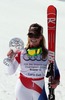 Lara Gut celebrates her super-g overall World cup victory after Womens Super G of FIS Ski Alpine World Cup at the Pista Silvano Beltrametti in Lenzerheide, Switzerland on 2014/03/13.
