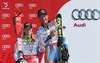 Lara Gur and Aksel Lund Svindal with overwall super-g World cup trophy during Mens Super G of FIS Ski Alpine World Cup at the Pista Silvano Beltrametti in Lenzerheide, Switzerland on 2014/03/13.
