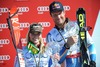 Lara Gur and Aksel Lund Svindal with overwall super-g World cup trophy during Mens Super G of FIS Ski Alpine World Cup at the Pista Silvano Beltrametti in Lenzerheide, Switzerland on 2014/03/13.
