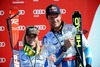 Lara Gur and Aksel Lund Svindal with overwall super-g World cup trophy during Mens Super G of FIS Ski Alpine World Cup at the Pista Silvano Beltrametti in Lenzerheide, Switzerland on 2014/03/13.
