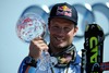 Aksel Lund Svindal with overwall super-g World cup trophy during Mens Super G of FIS Ski Alpine World Cup at the Pista Silvano Beltrametti in Lenzerheide, Switzerland on 2014/03/13.
