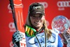 Lara Gut celebrates her super-g overall World cup victory after Womens Super G of FIS Ski Alpine World Cup at the Pista Silvano Beltrametti in Lenzerheide, Switzerland on 2014/03/13.

