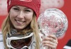 Mikaela Shiffrin (USA) with overall slalom crystal glove after ladies Slalom of FIS Ski Alpine World Cup finals at the Pista Silvano Beltrametti in Lenzerheide, Switzerland on 2014/03/15.
