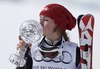 Mikaela Shiffrin (USA) with overall slalom crystal glove after ladies Slalom of FIS Ski Alpine World Cup finals at the Pista Silvano Beltrametti in Lenzerheide, Switzerland on 2014/03/15.
