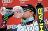 Ted Ligety (USA) celebrates his overall Giant slalom World cup victory with crystal globe after mens Giant Slalom of FIS Ski Alpine World Cup finals at the Pista Silvano Beltrametti in Lenzerheide, Switzerland on 2014/03/15.
