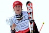 Mikaela Shiffrin (USA) celebrates her overall Slalom World cup victory with crystal globe after ladies Slalom of FIS Ski Alpine World Cup finals at the Pista Silvano Beltrametti in Lenzerheide, Switzerland on 2014/03/15.
