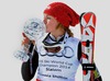 Mikaela Shiffrin (USA) celebrates her overall Slalom World cup victory with crystal globe after ladies Slalom of FIS Ski Alpine World Cup finals at the Pista Silvano Beltrametti in Lenzerheide, Switzerland on 2014/03/15.
