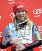 Mikaela Shiffrin (USA) celebrates her overall Slalom World cup victory with crystal globe after ladies Slalom of FIS Ski Alpine World Cup finals at the Pista Silvano Beltrametti in Lenzerheide, Switzerland on 2014/03/15.
