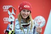 Mikaela Shiffrin (USA) celebrates her overall Slalom World cup victory with crystal globe after ladies Slalom of FIS Ski Alpine World Cup finals at the Pista Silvano Beltrametti in Lenzerheide, Switzerland on 2014/03/15.
