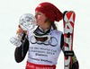 Mikaela Shiffrin (USA) celebrates her overall Slalom World cup victory with crystal globe after ladies Slalom of FIS Ski Alpine World Cup finals at the Pista Silvano Beltrametti in Lenzerheide, Switzerland on 2014/03/15.
