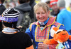 Tanja Poutiainen of Finland saying goodbye in finish of second run of her last giant slalom race of Audi FIS Alpine skiing World cup 2013-2014 in Lenzerheide, Switzerland. Last giant slalom race of season 2013-2014 and also last World cup race of Tanja Poutiainen in her career was held in Lenzerheide, Switzerland, on Sunday, 16th of March 2014.
