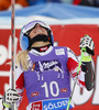 Third placed Eva-Maria Brem of Austria reacts in finish of the second run of women giant slalom race of Audi FIS Alpine skiing World cup in Soelden, Austria. First race of Audi FIS Alpine skiing World cup season 2014-2015, was held on Saturday, 25th of October 2014 on Rettenbach glacier above Soelden, Austria
