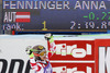 Winner Anna Fenninger of Austria reacts in finish of the second run of women giant slalom race of Audi FIS Alpine skiing World cup in Soelden, Austria. First race of Audi FIS Alpine skiing World cup season 2014-2015, was held on Saturday, 25th of October 2014 on Rettenbach glacier above Soelden, Austria
