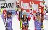 Winners Anna Fenninger of Austria (M) and Mikaela Shiffrin of USA (L), and third placed Eva-Maria Brem of Austria (R) celebrate their medals won in the women giant slalom race of Audi FIS Alpine skiing World cup in Soelden, Austria. First race of Audi FIS Alpine skiing World cup season 2014-2015, was held on Saturday, 25th of October 2014 on Rettenbach glacier above Soelden, Austria
