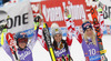 Winners Anna Fenninger of Austria (M) and Mikaela Shiffrin of USA (L), and third placed Eva-Maria Brem of Austria (R) celebrate their medals won in the women giant slalom race of Audi FIS Alpine skiing World cup in Soelden, Austria. First race of Audi FIS Alpine skiing World cup season 2014-2015, was held on Saturday, 25th of October 2014 on Rettenbach glacier above Soelden, Austria
