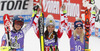 Winners Anna Fenninger of Austria (M) and Mikaela Shiffrin of USA (L), and third placed Eva-Maria Brem of Austria (R) celebrate their medals won in the women giant slalom race of Audi FIS Alpine skiing World cup in Soelden, Austria. First race of Audi FIS Alpine skiing World cup season 2014-2015, was held on Saturday, 25th of October 2014 on Rettenbach glacier above Soelden, Austria
