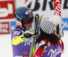 Both winners Mikaela Shiffrin of USA (L) and Anna Fenninger of Austria (R) congratulates each other in the finish of the second run of women giant slalom race of Audi FIS Alpine skiing World cup in Soelden, Austria. First race of Audi FIS Alpine skiing World cup season 2014-2015, was held on Saturday, 25th of October 2014 on Rettenbach glacier above Soelden, Austria
