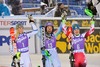 2nd place Frida Hansdotter of Sweden (L), Race winner Tina Maze of Slovenia (M), 3rd place Kathrin Zettel of Austria during the winner presentation after ladies Slalom of FIS ski alpine world cup at the Levi Black in Levi, Finland on 2014/11/15.
