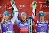 2nd place Frida Hansdotter of Sweden (L), Race winner Tina Maze of Slovenia (M), 3rd place Kathrin Zettel of Austria during the winner presentation after ladies Slalom of FIS ski alpine world cup at the Levi Black in Levi, Finland on 2014/11/15.
