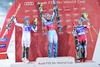 2nd place Frida Hansdotter of Sweden (L), Race winner Tina Maze of Slovenia (M), 3rd place Kathrin Zettel of Austria during the winner presentation after ladies Slalom of FIS ski alpine world cup at the Levi Black in Levi, Finland on 2014/11/15.
