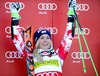 1st placed Eva-Maria Brem of Austria during winner presentation after ladies Giant Slalom of FIS Ski Alpine Worldcup at the Aspen Mountain Course in Aspen, Canada on 2014/11/29. 
