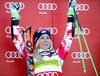 1st placed Eva-Maria Brem of Austria during winner presentation after ladies Giant Slalom of FIS Ski Alpine Worldcup at the Aspen Mountain Course in Aspen, Canada on 2014/11/29. 
