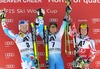 2nd placed Alexis Pinturault of France, 1st placed Ted Ligety of the USA, 3rd placed Marcel Hirscher of Austria during victory ceremony after mens Giant Slalom of FIS Ski World Cup at the Birds of Prey Course in Beaver Creek, United States on 2014/12/07.
