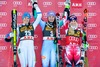 2nd placed Sara Hector of Sweden, 1st placed Tina Maze of Slovenia, 3rd placed Eva-Maria Brem of Austria during winner presentation after women Giant Slalom of FIS Ski World Cup at Olympia Course in Are, Sweden on 2014/12/12.
