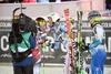 1st placed Marcel Hirscher of Austria ( L ) 3rd place Stefan Luitz of Germany ( C ) 2nd placed Ted Ligety of the USA ( R ) during winner presentation after men Giant Slalom of FIS Ski World Cup at Olympia Course in Are, Sweden on 2014/12/12.
