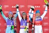 2nd placed Tina Maze of Slovenia ( L ) 1st placed Maria Pietilae-Holmner of Sweden ( C ) 3rd placed Frida Hansdotter of Sweden ( R ) celebrates on Podium during winner presentation after women Slalom of FIS Ski World Cup at Olympia Course in Are, Sweden on 2014/12/13.
