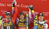 Winner Kjetil Jansrud of Norway (M), second placed Dominik Paris of Italy (L) and third placed Hannes Reichelt of Austria (R) celebrate their medals won in the men super-g race of Audi FIS Alpine skiing World cup in Val Gardena, Italy. Men super-g race of Audi FIS Alpine skiing World cup season 2014-2015, was held on Saturday, 20th of December 2014 on famous Saslong course in Val Gardena, Italy.
