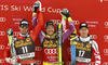 Winner Kjetil Jansrud of Norway (M), second placed Dominik Paris of Italy (L) and third placed Hannes Reichelt of Austria (R) celebrate their medals won in the men super-g race of Audi FIS Alpine skiing World cup in Val Gardena, Italy. Men super-g race of Audi FIS Alpine skiing World cup season 2014-2015, was held on Saturday, 20th of December 2014 on famous Saslong course in Val Gardena, Italy.
