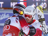 Winner Marcel Hirscher of Austria (L) accepts congratulations from third placed Thomas Fanara of France (R) in finish of the second run of the men giant slalom race of Audi FIS Alpine skiing World cup in Alta Badia, Italy. Men giant slalom race of Audi FIS Alpine skiing World cup season 2014-2015, was held on Sunday, 21st of December 2014 on Gran Risa course in Alta Badia, Italy.
