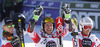 Winner Marcel Hirscher of Austria (M), second placed Ted Ligety of USA (L) and third placed Thomas Fanara of France (R) celebrate their medals won in the men giant slalom race of Audi FIS Alpine skiing World cup in Alta Badia, Italy. Men giant slalom race of Audi FIS Alpine skiing World cup season 2014-2015, was held on Sunday, 21st of December 2014 on Gran Risa course in Alta Badia, Italy.
