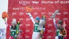 Second placed Anna Fenninger of Austria, Winner Sara Hector of Sweden ad third placed Mikaela Shiffrin of the USA celebrates on Podium during the award ceremony afterLadies Giant Slalom of the Kuehtai FIS Ski Alpine World Cup at the Hohe Mut Course in Kuehtai, Austria on 2014/12/28.
