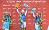 Second placed Sarka Strachova of Czech Republic, Winner Mikaela Shiffrin of the USA ad third placed Wendy Holdener of Switzerland celebrates on Podium during the award ceremony after Ladies Giant Slalom of the Kuehtai FIS Ski Alpine World Cup at the Hohe Mut Course in Kuehtai, Austria on 2014/12/29.
