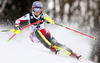 Michaela Kirchgasser of Austria skiing in the first run of the women slalom race of Audi FIS Alpine skiing World cup on Sljeme above Zagreb, Croatia. Women Snow Queen Trophy slalom race of Audi FIS Alpine skiing World cup season 2014-2015, was held on Sunday, 4th of January 2015 on Sljeme above Zagreb, Croatia.
