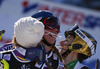 Winner Mikaela Shiffrin of USA (M) accepts congratulations from second placed Kathrin Zettel of Austria (R) and third placed Nina Loeseth of Norway (L) in the finish of the second run of the women slalom race of Audi FIS Alpine skiing World cup on Sljeme above Zagreb, Croatia. Women Snow Queen Trophy slalom race of Audi FIS Alpine skiing World cup season 2014-2015, was held on Sunday, 4th of January 2015 on Sljeme above Zagreb, Croatia.

