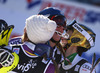 Winner Mikaela Shiffrin of USA (M) accepts congratulations from second placed Kathrin Zettel of Austria (R) and third placed Nina Loeseth of Norway (L) in the finish of the second run of the women slalom race of Audi FIS Alpine skiing World cup on Sljeme above Zagreb, Croatia. Women Snow Queen Trophy slalom race of Audi FIS Alpine skiing World cup season 2014-2015, was held on Sunday, 4th of January 2015 on Sljeme above Zagreb, Croatia.

