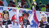 Winner Mikaela Shiffrin of USA (M), second placed Kathrin Zettel of Austria (L) and third placed Nina Loeseth of Norway (R) celebrate their medals won in the women slalom race of Audi FIS Alpine skiing World cup on Sljeme above Zagreb, Croatia. Women Snow Queen Trophy slalom race of Audi FIS Alpine skiing World cup season 2014-2015, was held on Sunday, 4th of January 2015 on Sljeme above Zagreb, Croatia.

