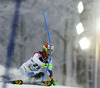 Luca Aerni of Switzerland skiing in the first run of the men slalom race of Audi FIS Alpine skiing World cup on Sljeme above Zagreb, Croatia. Men Snow Queen Trophy slalom race of Audi FIS Alpine skiing World cup season 2014-2015, was held on Tuesday, 6th of January 2015 on Sljeme above Zagreb, Croatia.
