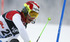 Luca Aerni of Switzerland skiing in the first run of the men slalom race of Audi FIS Alpine skiing World cup on Sljeme above Zagreb, Croatia. Men Snow Queen Trophy slalom race of Audi FIS Alpine skiing World cup season 2014-2015, was held on Tuesday, 6th of January 2015 on Sljeme above Zagreb, Croatia.
