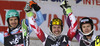 Winner Marcel Hirscher of Austria (M), second placed Felix Neureuther of Germany (L) and third placed Sebastian-Foss Solevaag of Norway (R) celebrate their medals in finish of the second run of the men slalom race of Audi FIS Alpine skiing World cup on Sljeme above Zagreb, Croatia. Men Snow Queen Trophy slalom race of Audi FIS Alpine skiing World cup season 2014-2015, was held on Tuesday, 6th of January 2015 on Sljeme above Zagreb, Croatia.
